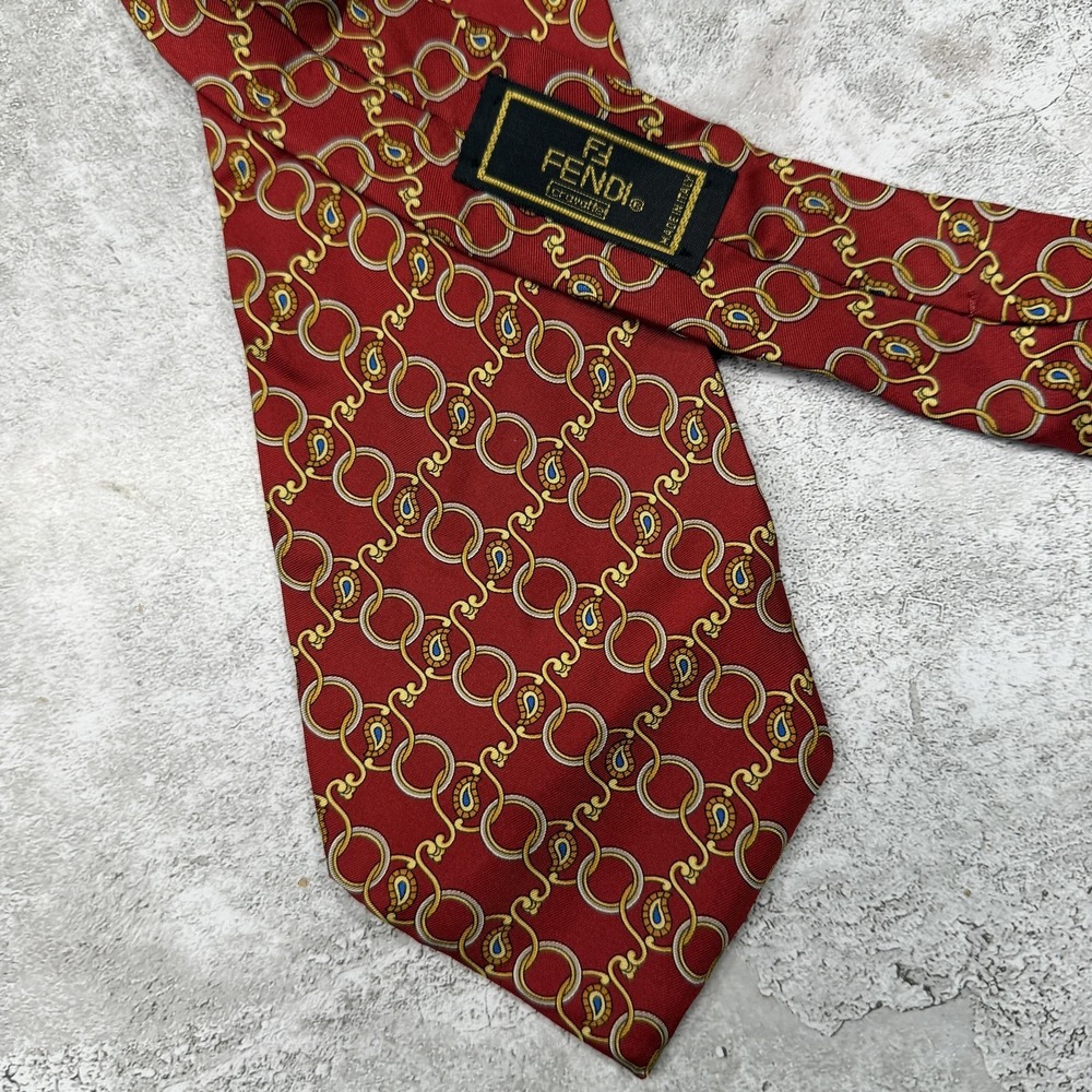 Fendi 100% Silk Jacquard Tie Mens One Size Red Geometric Made In Italy Necktie